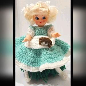 Handmade Crochet Little Miss Muffet With Spider Blonde Air Freshner Cover Green